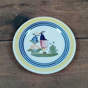 Hand Painted Quimper France Plate Folk Art Woman Blue Yellow Decorative
